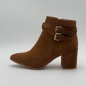 Double-Buckle Suede Ankle Boots - Block Heel, Taupe